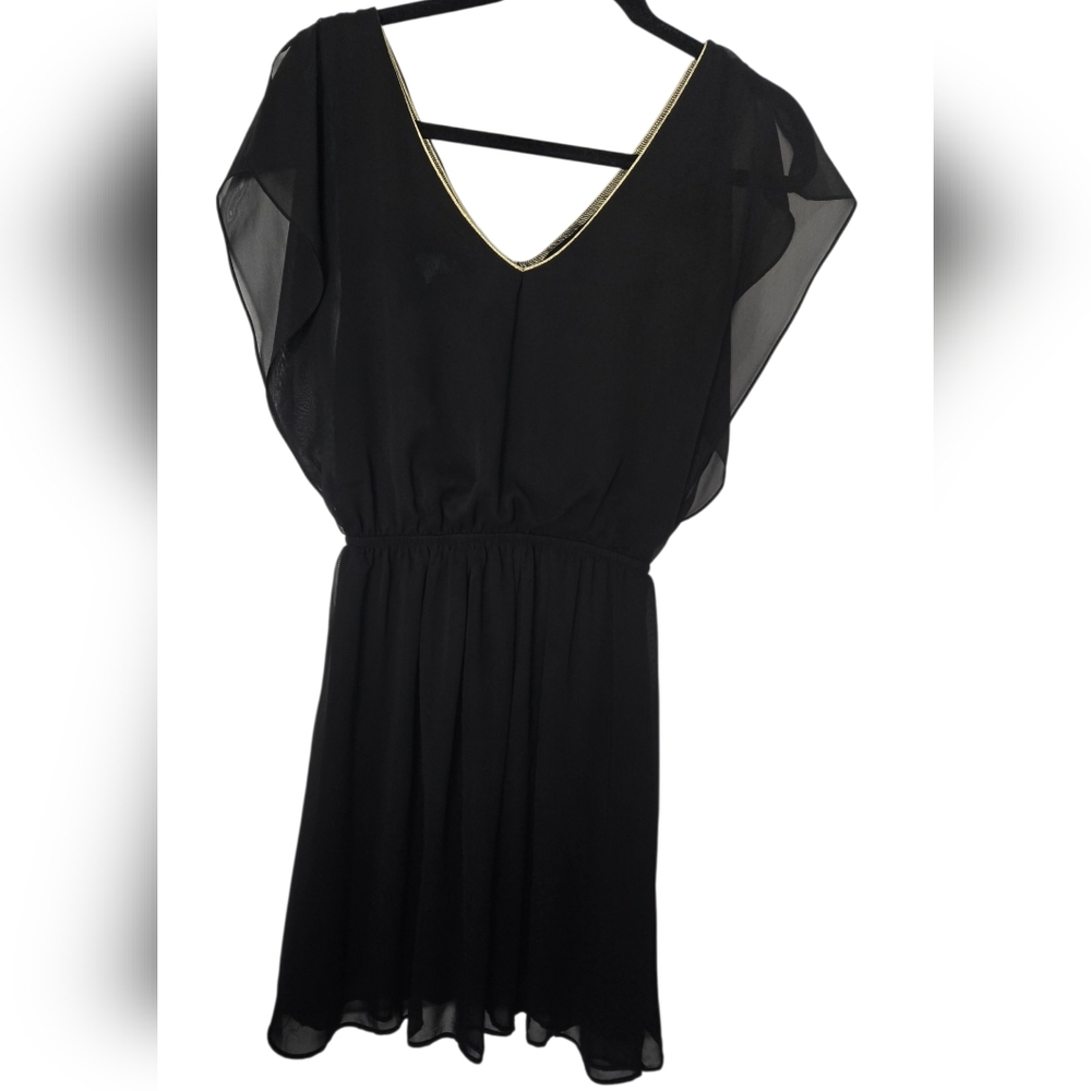 NWT Vintage Love Black Chiffon Dress Gold Trim Made in France Medium M